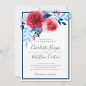 Elegant Rood Blauw Bloemen Waterverf Rozen Bruilof Kaart (Voorkant)