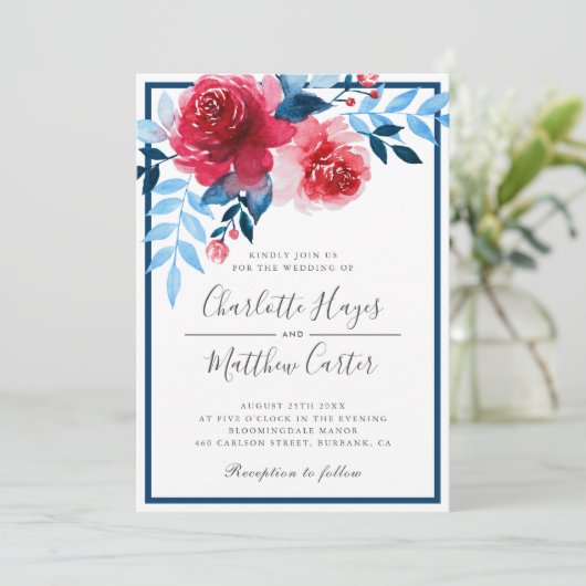 Elegant Rood Blauw Bloemen Waterverf Rozen Bruilof Kaart (Staand voorkant)