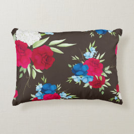 Elegant rood-blauw bloempatroon op donkerbruin accent kussen