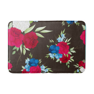 Elegant rood-blauw bloempatroon op donkerbruin badmat