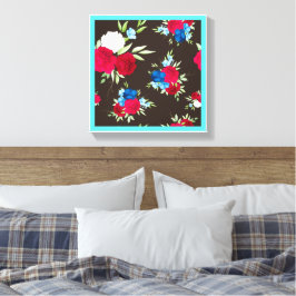 Elegant rood-blauw bloempatroon op donkerbruin canvas afdruk