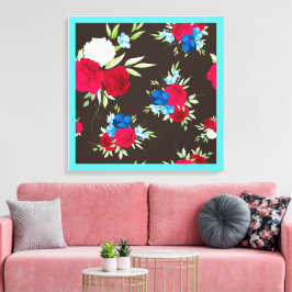 Elegant rood-blauw bloempatroon op donkerbruin canvas afdruk