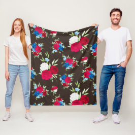 Elegant rood-blauw bloempatroon op donkerbruin fleece deken