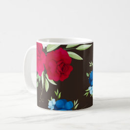 Elegant rood-blauw bloempatroon op donkerbruin koffiemok