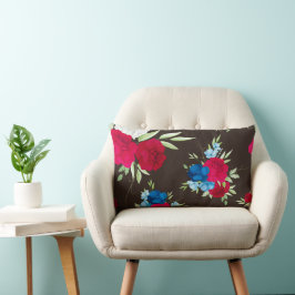Elegant rood-blauw bloempatroon op donkerbruin kussen