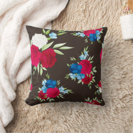 Elegant rood-blauw bloempatroon op donkerbruin kussen