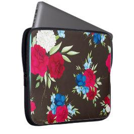Elegant rood-blauw bloempatroon op donkerbruin laptop sleeve