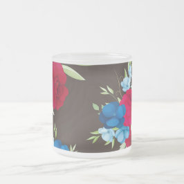 Elegant rood-blauw bloempatroon op donkerbruin matglas koffiemok