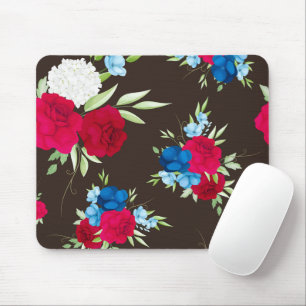 Elegant rood-blauw bloempatroon op donkerbruin muismat