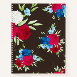 Elegant rood-blauw bloempatroon op donkerbruin notitieboek