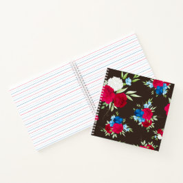 Elegant rood-blauw bloempatroon op donkerbruin notitieboek