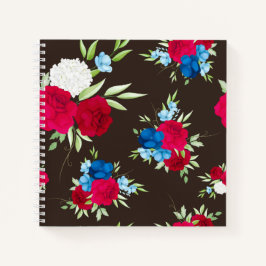 Elegant rood-blauw bloempatroon op donkerbruin notitieboek