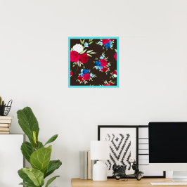 Elegant rood-blauw bloempatroon op donkerbruin poster