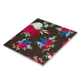 Elegant rood-blauw bloempatroon op donkerbruin tegeltje