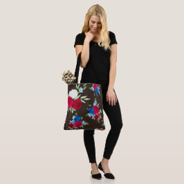Elegant rood-blauw bloempatroon op donkerbruin tote bag