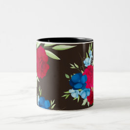 Elegant rood-blauw bloempatroon op donkerbruin tweekleurige koffiemok