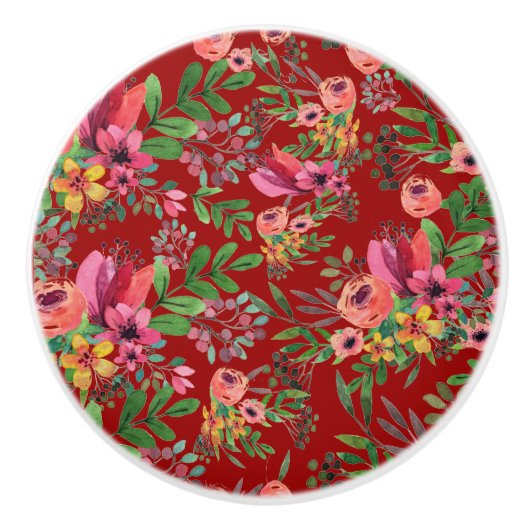 Elegant Rood Bloemen Keramische Trek Knop (Voorkant)