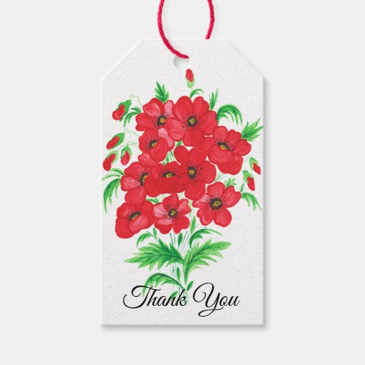 Elegant rood bloemenboeket dank u cadeaulabel (Voorkant)