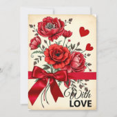 Elegant rood bloemenboeket met hartjes en lint kaart (Voorkant)