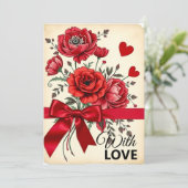 Elegant rood bloemenboeket met hartjes en lint kaart (Staand voorkant)