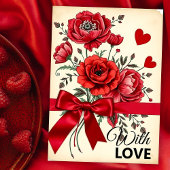 Elegant rood bloemenboeket met hartjes en lint kaart