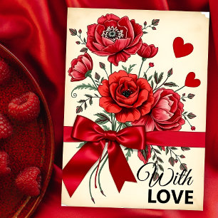 Elegant rood bloemenboeket met hartjes en lint kaart