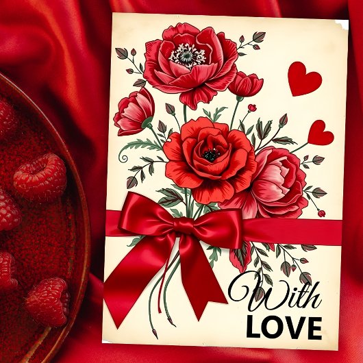 Elegant rood bloemenboeket met hartjes en lint kaart
