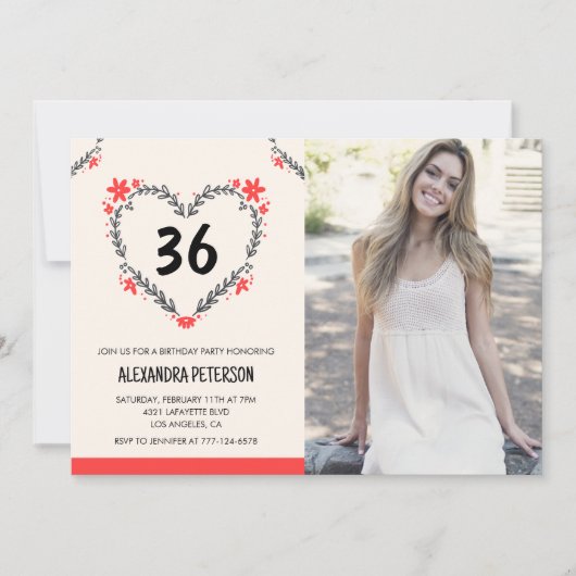 Elegant rood bloemenhart voor haar 36ste verjaarda kaart (Voorkant)