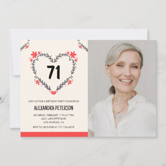 Elegant rood bloemenhart voor haar 71ste verjaarda kaart (Voorkant)
