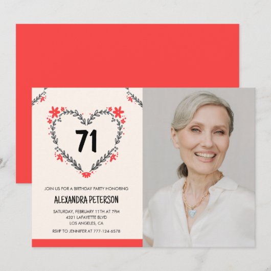 Elegant rood bloemenhart voor haar 71ste verjaarda kaart (Voorkant / Achterkant)