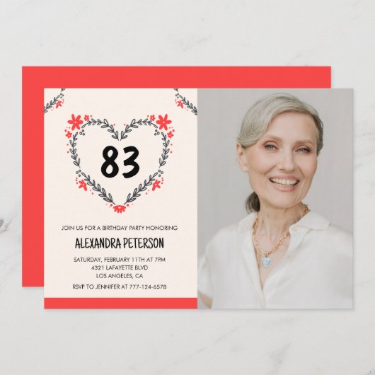 Elegant rood bloemenhart voor haar 83ste verjaarda kaart (Voorkant / Achterkant)