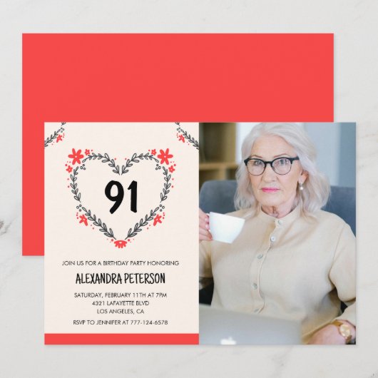 Elegant rood bloemenhart voor haar 91ste verjaarda kaart (Voorkant / Achterkant)