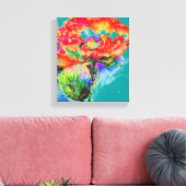 Elegant rood bloemenschilderij waterverf blauwgroe canvas afdruk (Insitu (Woonkamer))