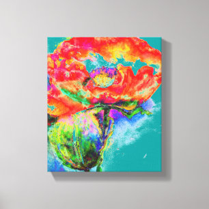 Elegant rood bloemenschilderij waterverf blauwgroe canvas afdruk