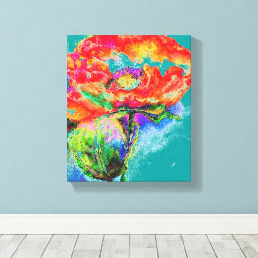 Elegant rood bloemenschilderij waterverf blauwgroe canvas afdruk (Insitu (Houten vloer))