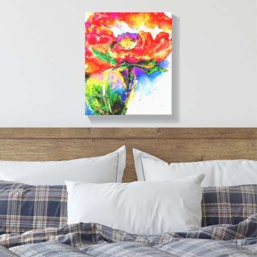 Elegant rood bloemenschilderij waterverf canvas afdruk (Insitu (Slaapkamer))