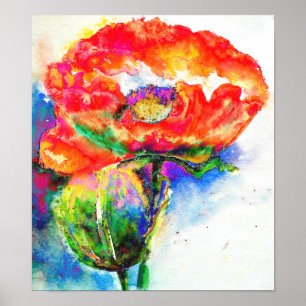 Elegant rood bloemenschilderij waterverf poster