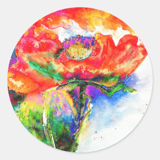 Elegant rood bloemenschilderij waterverf ronde sticker (Voorkant)
