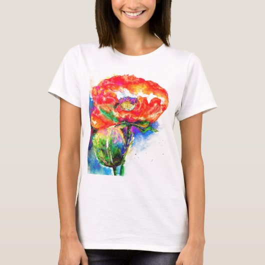 Elegant rood bloemenschilderij waterverf t-shirt (Voorkant)