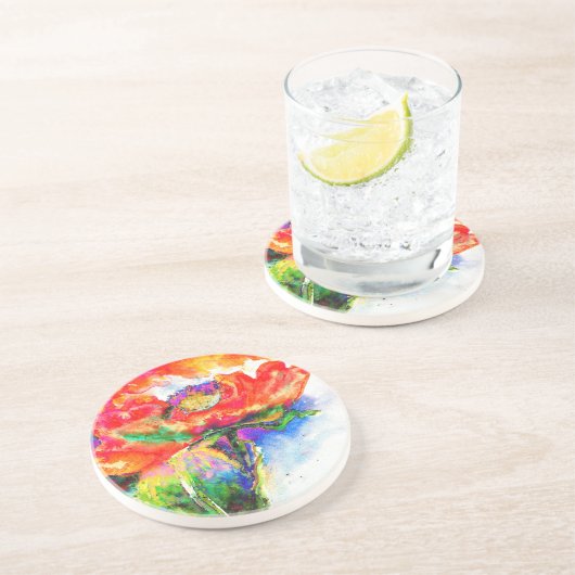 Elegant rood bloemenschilderij waterverf zandsteen onderzetter (Zijkant)