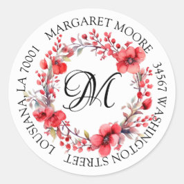 Elegant rood bloemenscript monogram adres ronde sticker