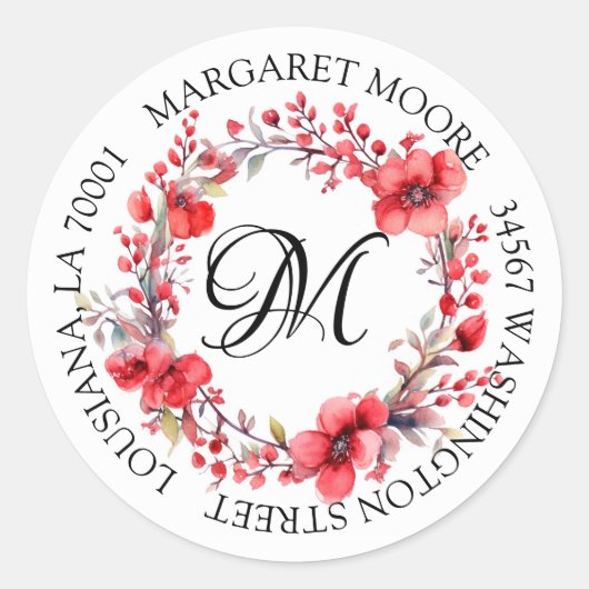 Elegant rood bloemenscript monogram adres ronde sticker (Voorkant)