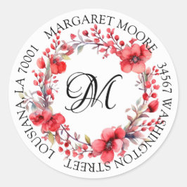 Elegant rood bloemenscript monogram adres ronde sticker