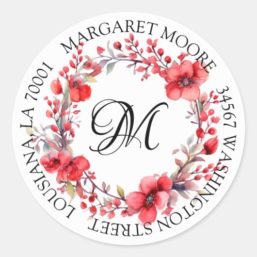 Elegant rood bloemenscript monogram adres ronde sticker (Voorkant)