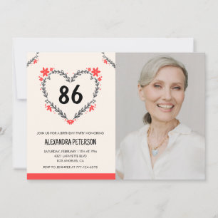Elegant rood bloemhart voor haar 86ste verjaardag kaart