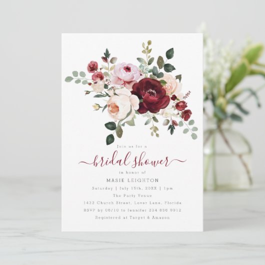 Elegant rood bloemig Vrijgezellenfeest Kaart (Staand voorkant)