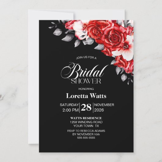 Elegant rood bloemig zwart Vrijgezellenfeest Kaart (Voorkant)