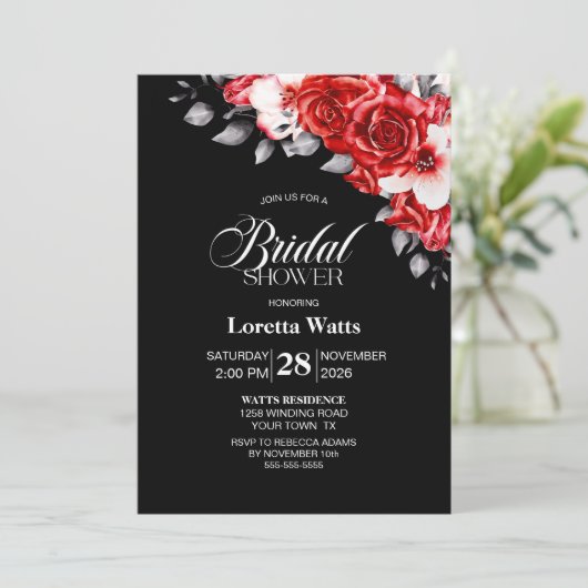 Elegant rood bloemig zwart Vrijgezellenfeest Kaart (Staand voorkant)