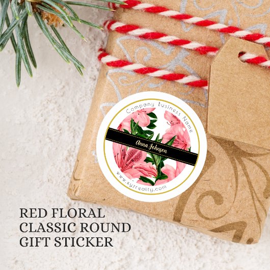 Elegant Rood Bloemmotief Aangepaste Bedrijfsnaam Ronde Sticker