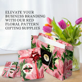 Elegant Rood Bloemmotief Aangepaste Bedrijfsnaam Ronde Sticker